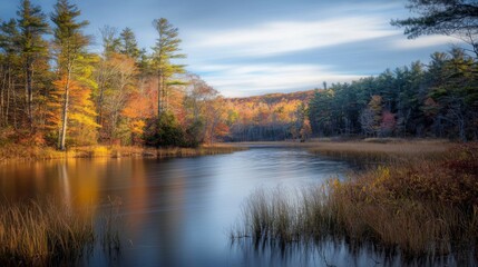 Obraz premium Serene Autumn River Landscape with Colorful Fall Foliage