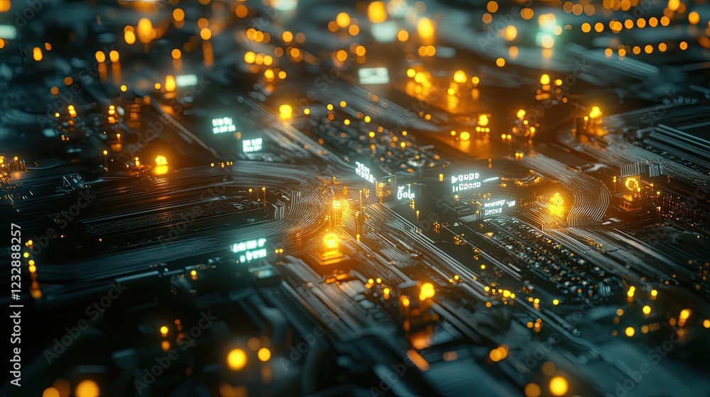 Poster Futuristic Circuit Board with Glowing Nodes and Data Streams