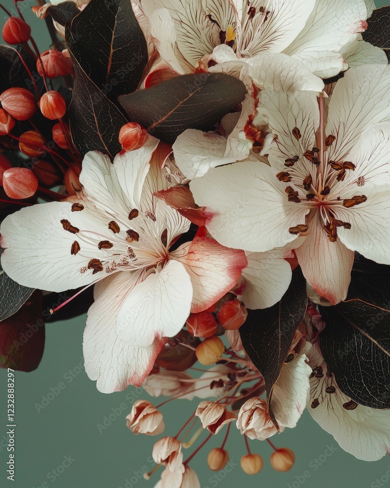 Poster flat lay of a spring border with white flowers, featuring space for text - generated by ai