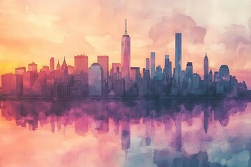 Colorful Watercolor Layers of New York City's Skyline at Sunset. Generative AI