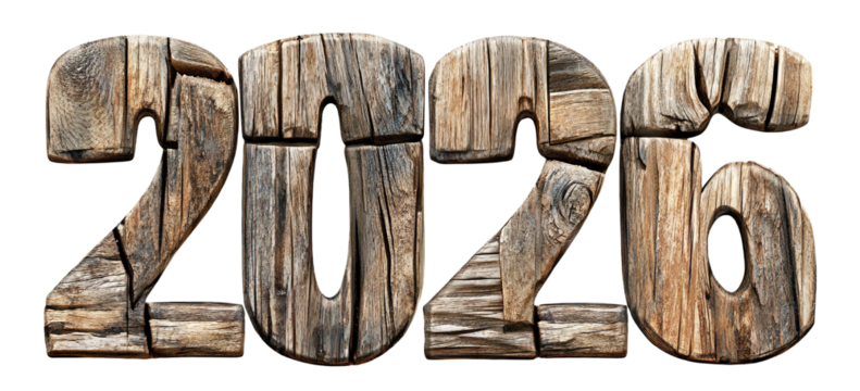 2026 in rustic wooden texture, isolated on transparent cutout background