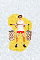 Vertical photo collage of serious man geek hold book dumbbell pump muscles smart student education...