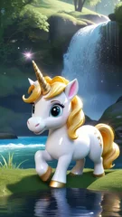 Poster A small white unicorn stands in front of a waterfall. The scene is peaceful and serene, with the water flowing gently over the rocks. The unicorn's presence adds a sense of magic