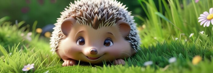A cartoon hedgehog is smiling and looking at the camera. The image has a light and cheerful mood, with the hedgehog being the main focus