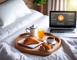 Generated image A bed with white sheets, a tray of breakfast items like croissants and coffee, and a laptop