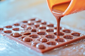Pouring melted chocolate into a mold