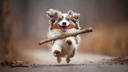 Happy Australian Shepherd Puppy Leaps Joyfully With Stick