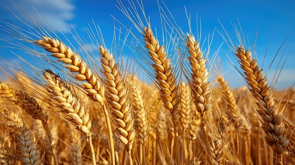 Fototapeta premium Golden Wheat Stalks Under a Bright Blue Sky