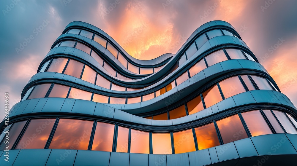 Poster modern building architecture sunset reflection windows