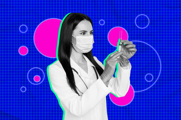 Composite art 3d creative image collage of serious doctor hold syringe covid treatment vaccine shot...