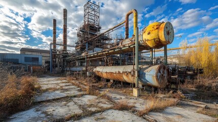 Abandoned Industrial Site with Rusted Pipes and Overgrown Vegetation