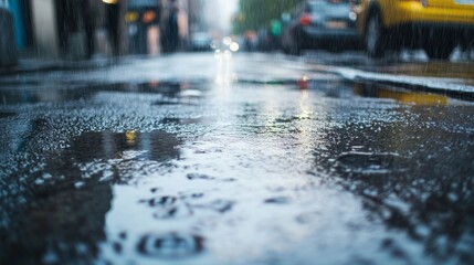 Close-up of a city street with puddles on a rainy day