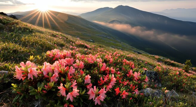 Sunrise in the spring mountains, with views of hills blanketed in fresh blossom rhododendrons. Panoramic landscape