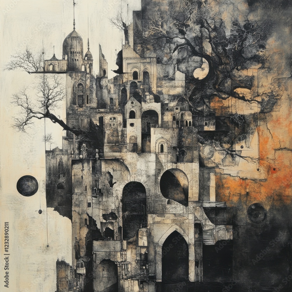 Poster abstract cityscape with dark trees and surreal architecture elements