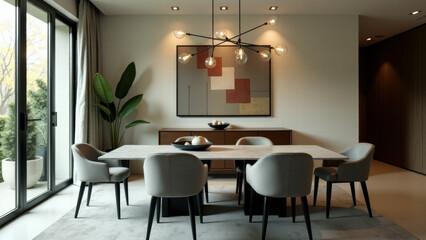 Fototapeta premium Dining Room Featuring a Stylish Chandelier and Large Panoramic Window