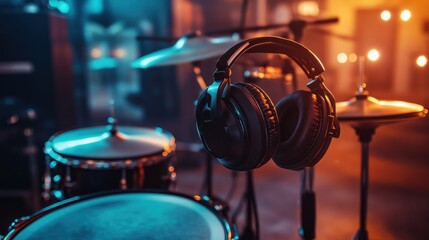 Obraz premium Close-up of a modern electronic drum kit equipped with headphones, indoors