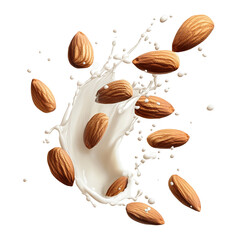 Delicious almonds splashing in fresh milk, isolated on transparent cutout background