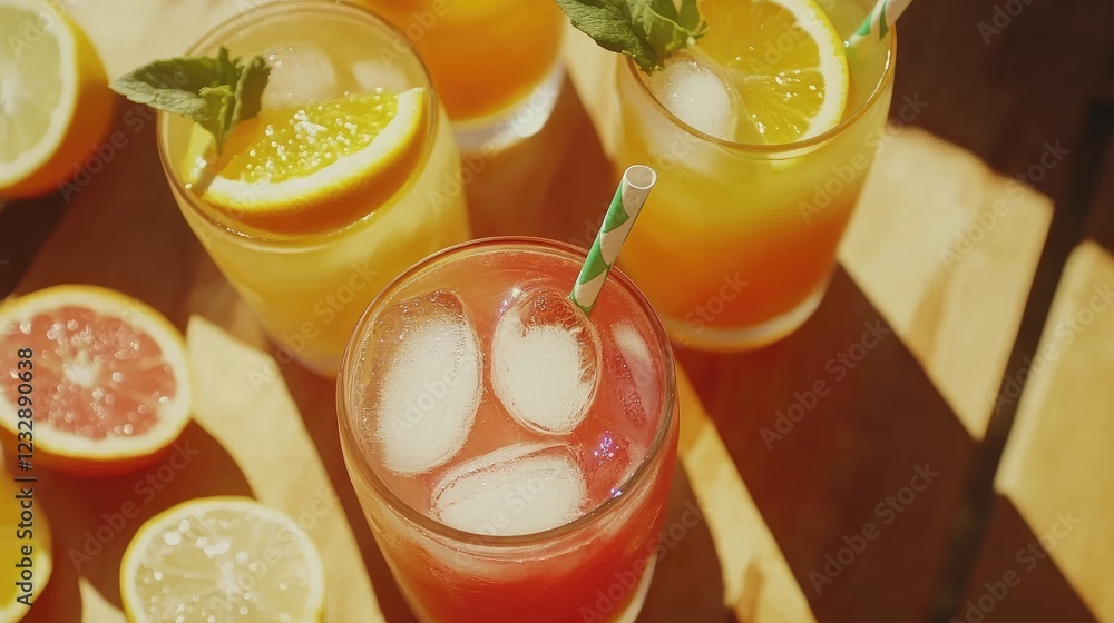 Poster refreshing citrus summer drinks with ice cubes