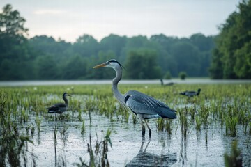 Naklejka premium Flooded meadows attract herons and ducks during early morning hours