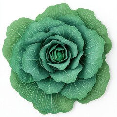 Obraz premium A vibrant, realistic depiction of a green cabbage resembling a blooming flower, showcasing intricate leaf patterns and a layered appearance.