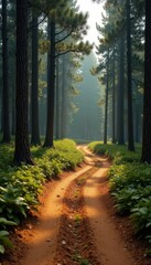 Obraz premium Dusty brown track curves through tall pine trees , trees, track