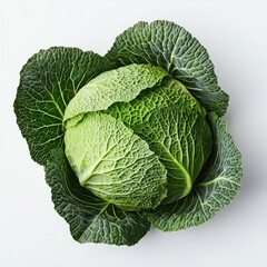 Fototapeta premium Fresh, vibrant green cabbage with layered leaves, showcasing its natural texture and color against a light background.
