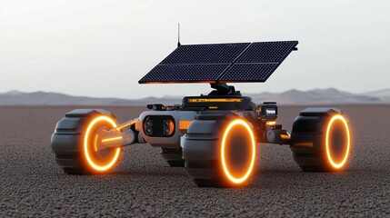 Futuristic Solar-Powered Rover in Desert Landscape