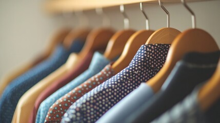 Close-up of hangers holding shirts and neckties against a light background