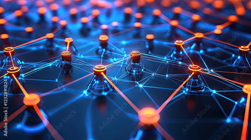 Poster abstract network nodes illuminated in vivid blue and orange hues
