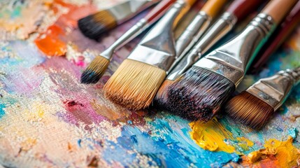 Fototapeta premium Close-up of various paintbrushes resting on a watercolor palette