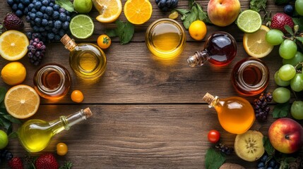 Flat lay composition of various vinegar types and fresh fruits on a wooden table