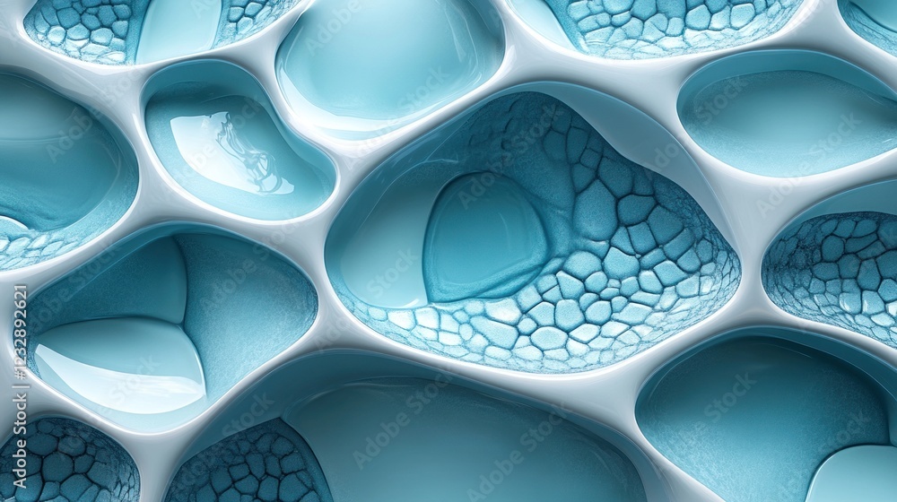 Poster blue abstract cell-like forms with smooth and textured surfaces.