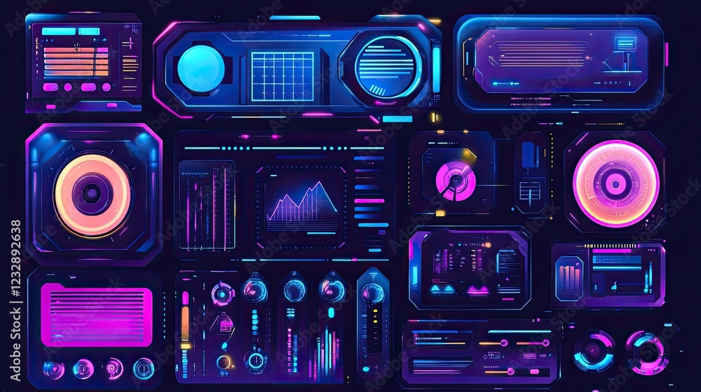 Poster futuristic neon interface control panel displays