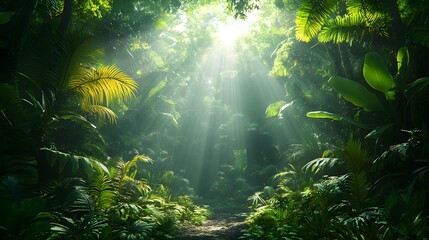 Obraz premium Lush Tropical Jungle Landscape Bathed in Sunlight - Generative AI