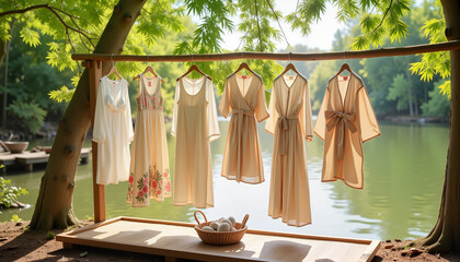Elegant garments displayed by serene river under willow tree, cultural tradition