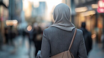 A woman wearing a scarf stands in the middle of a busy city street. The scene is bustling with activity, with many people walking around and cars driving by. Muslim woman in hijab. Mannequin in dress 