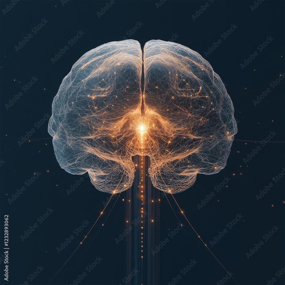 Poster machine learning, stock, ai, deep learning, blockchain, neural network concept. brain rendered with 