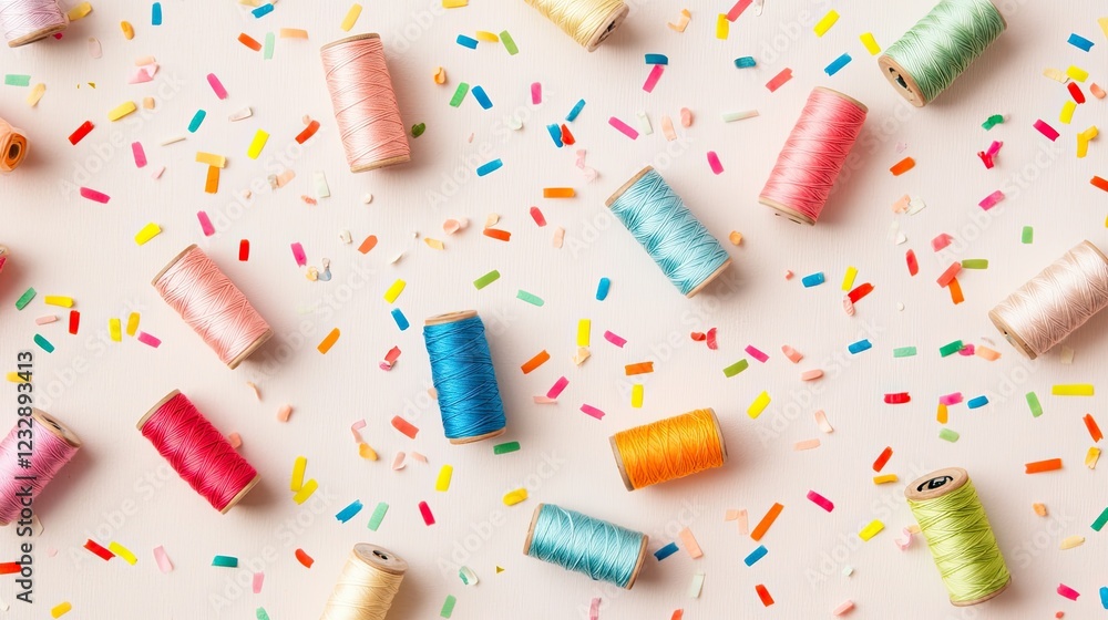 Poster Colorful thread spools scattered with confetti on a pink background