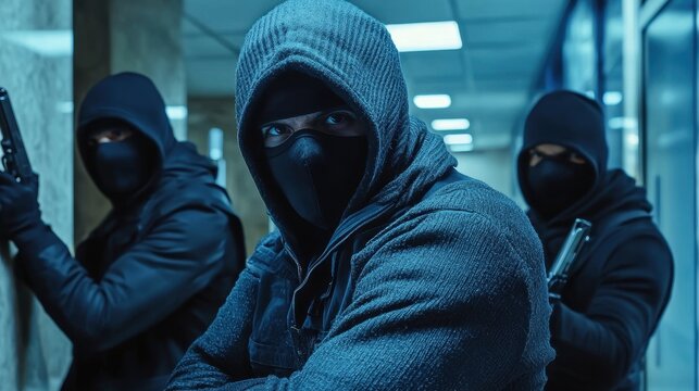 Intruders in Dark Clothing with Guns in Urban Environment