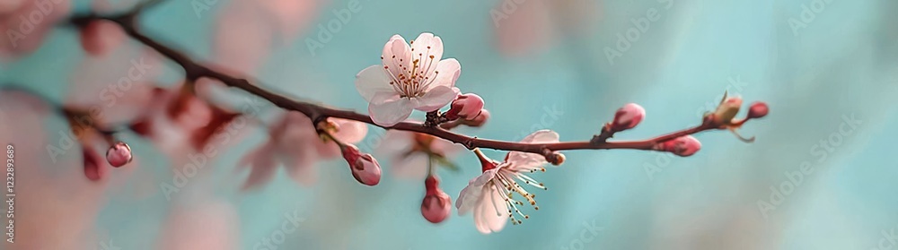 Poster a wide-angle image of flowering apricot trees in a bright sky with additional room for text: embodyi