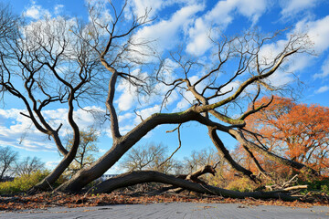 Uprooted trees in storm damaged forest under blue sky with clouds. scene captures aftermath of nature fury, showcasing resilience