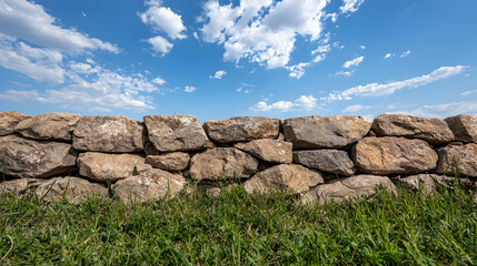 Stone wall under blue sky, grassy foreground.  Landscapes