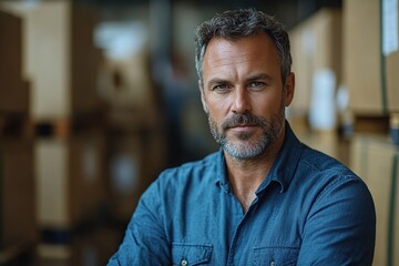 Obraz premium Middle aged handsome businessman posing in warehouse