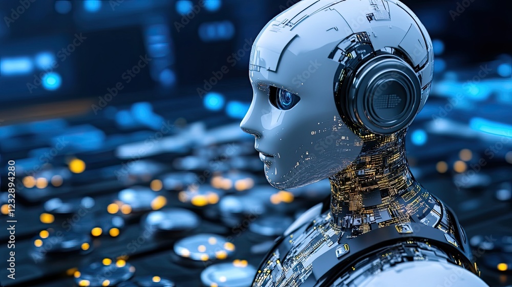 Poster advanced robot head wearing headphones in a tech setting