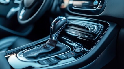 Fototapeta premium The gear shift inside a sleek modern black car