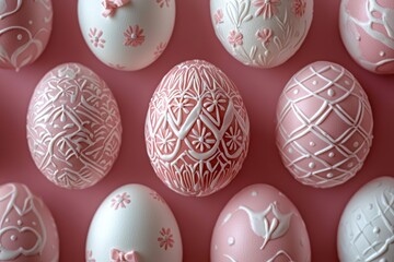A design featuring pink and white Easter eggs on a pink backdrop