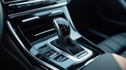 Fototapeta premium The gear shift inside a sleek modern black car