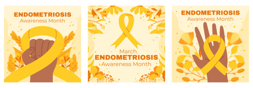 Endometriosis Awareness Month Illustration with Yellow Ribbon, Diverse Hands, and Floral Elements for March Campaign