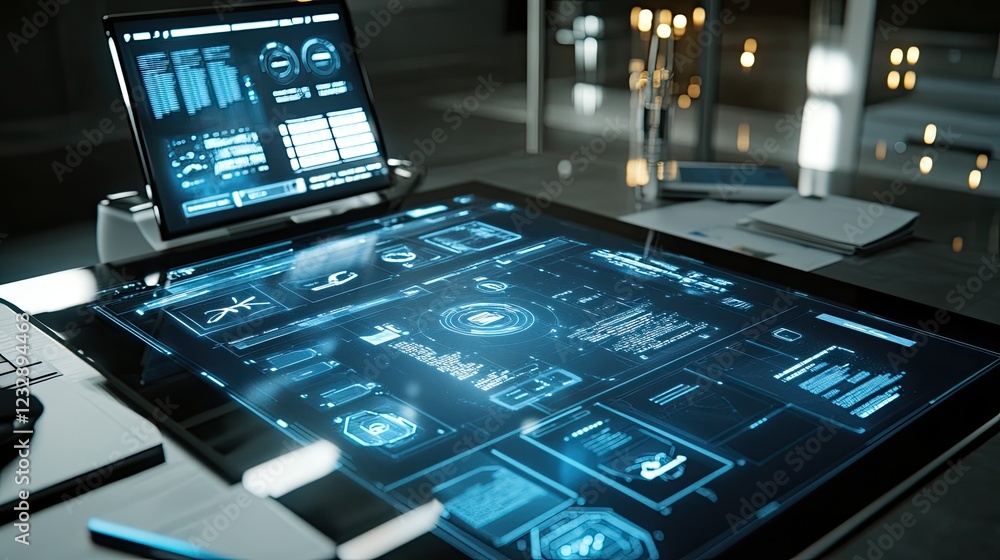 Poster futuristic technology displays data on modern desk