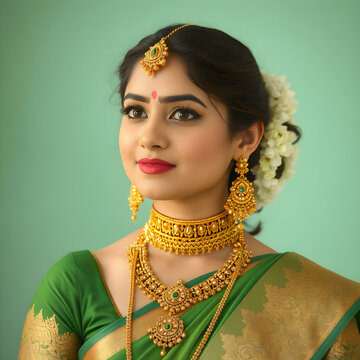 Belleza ancestral: mujer india con un sari verde de brocado dorado y un exquisito conjunto de joyer&iacute;a tradicional